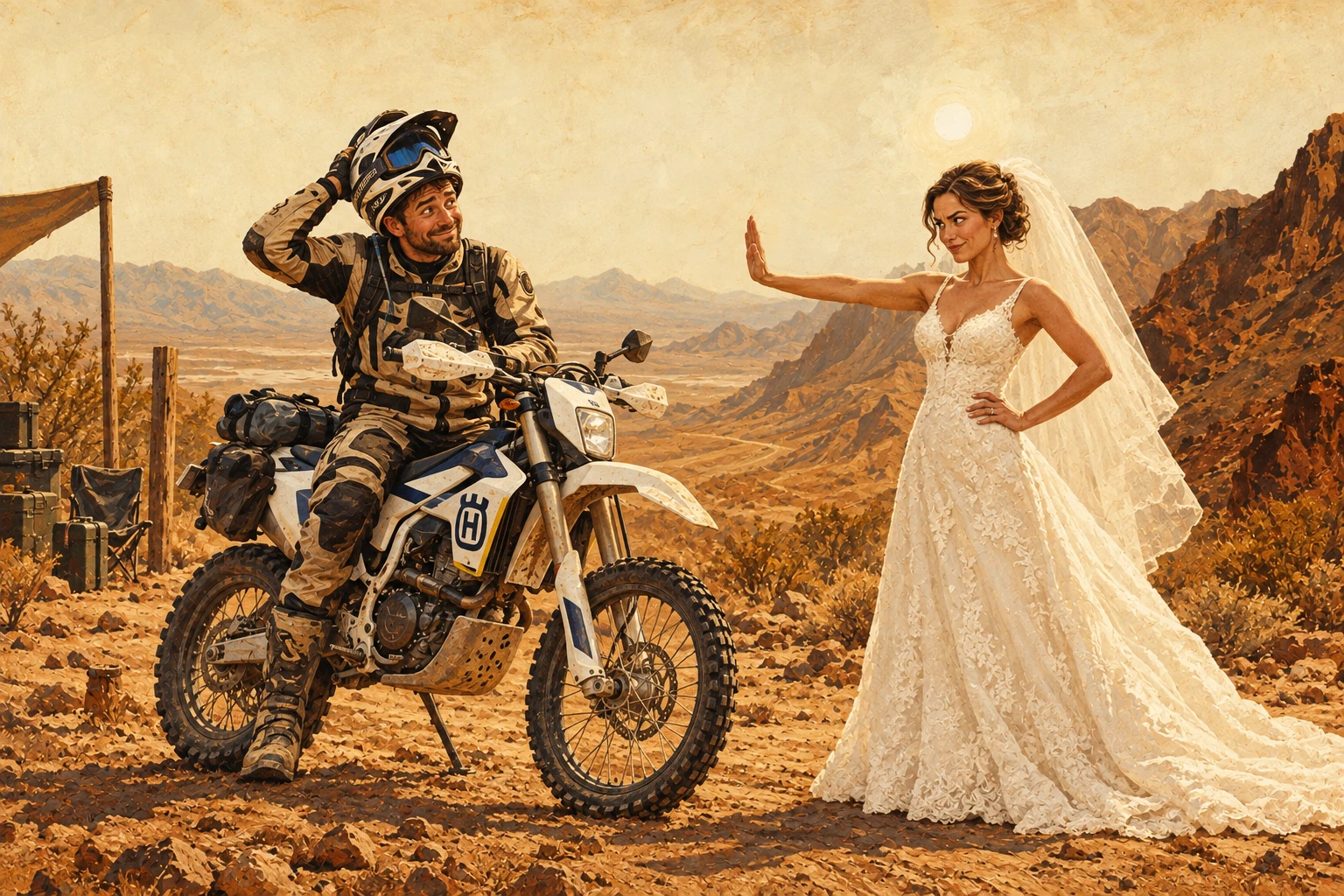Playful western illustration of a bride holding up a stop hand to her sheepish groom seated on a Husqvarna dual sport bike.
