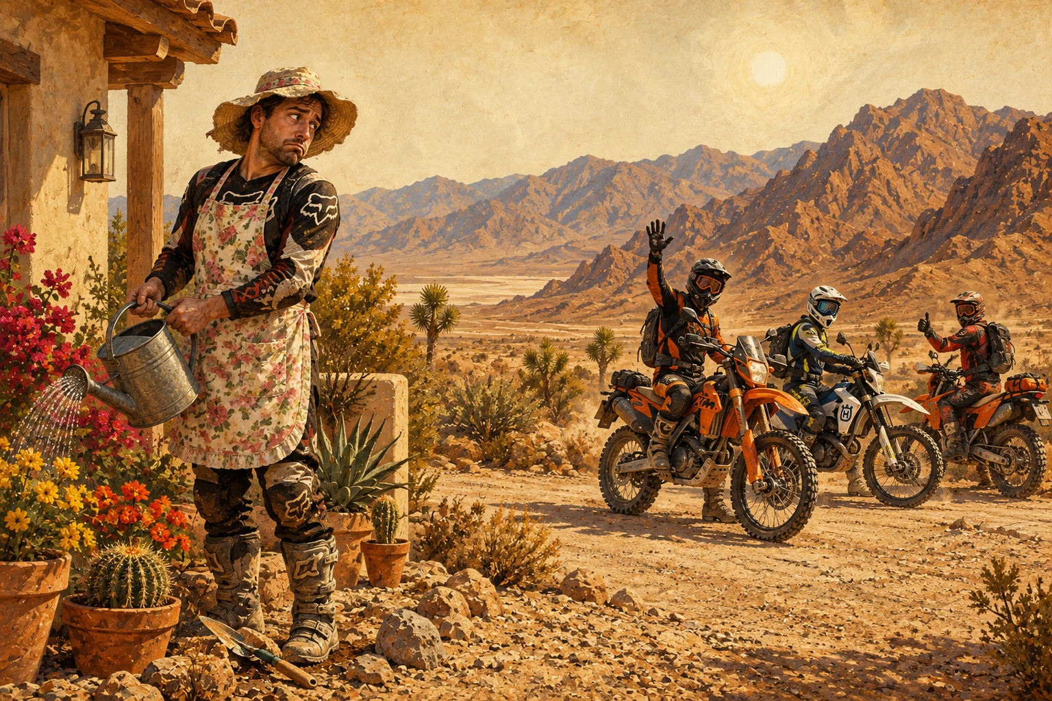 Satirical western illustration: a man in riding boots and a floral apron waters flowers while three friends prepare to ride their dirt bikes into the desert.
