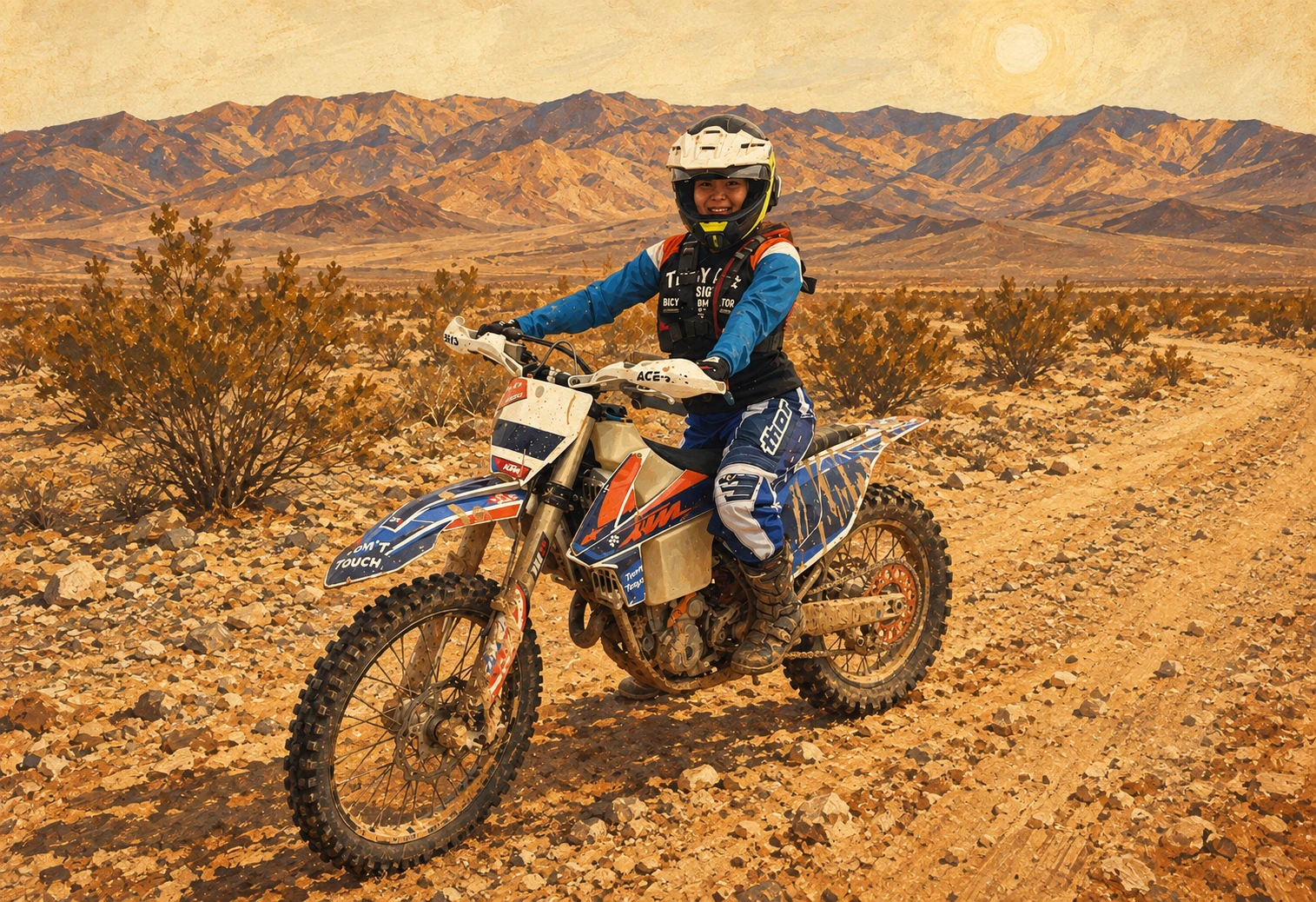 Western-style illustration of Chef Ruth in her blue riding gear on her KTM, surrounded by golden Mojave Desert mountains.