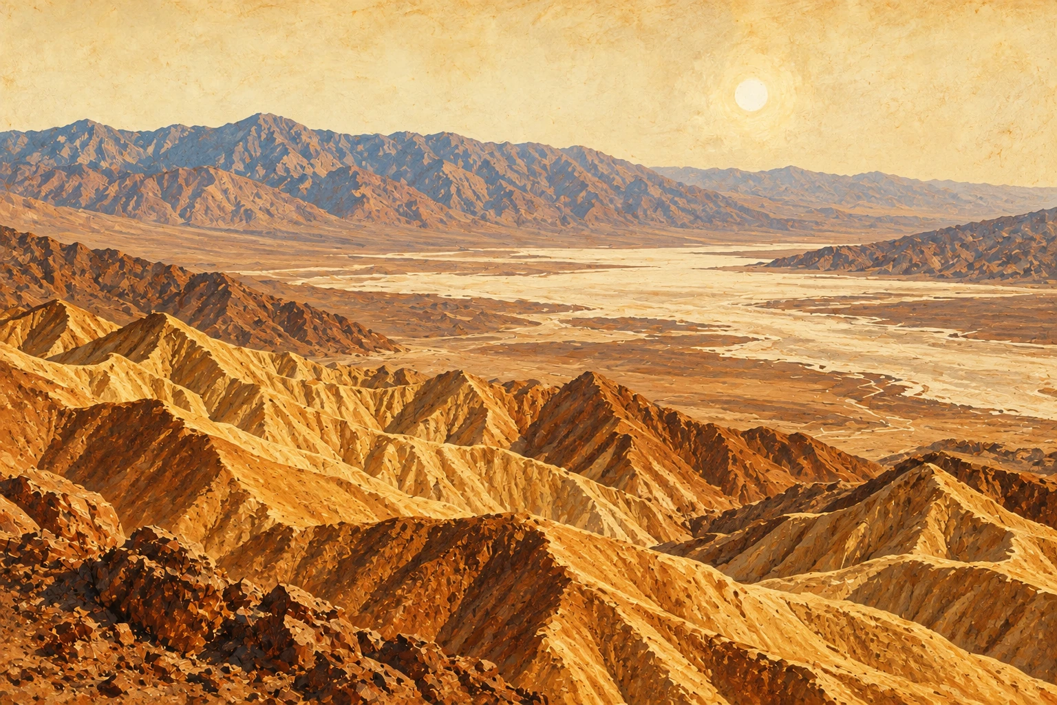 Western illustration of golden Death Valley badlands and distant desert mountains.