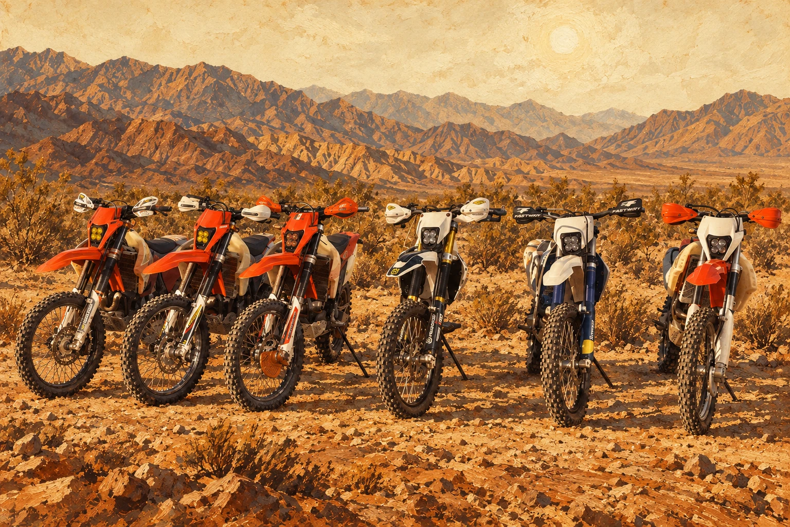 Western-style illustration of six KTM and Husqvarna rental dual sport motorcycles parked in the golden Mojave Desert.