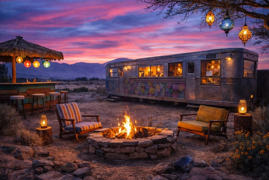 RuthVille artwork showing the Artan trailer, lanterns and a glowing fire at dusk.