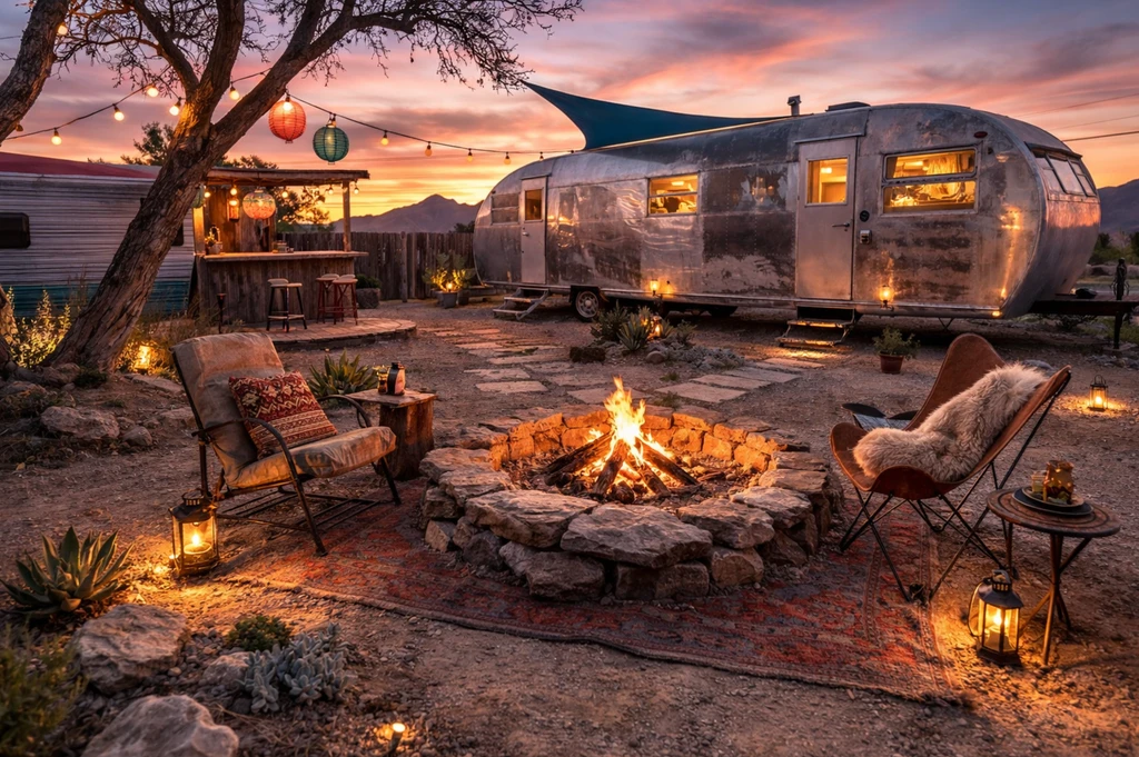 RuthVille artwork showing the silver Imperial trailer and courtyard at sunset.