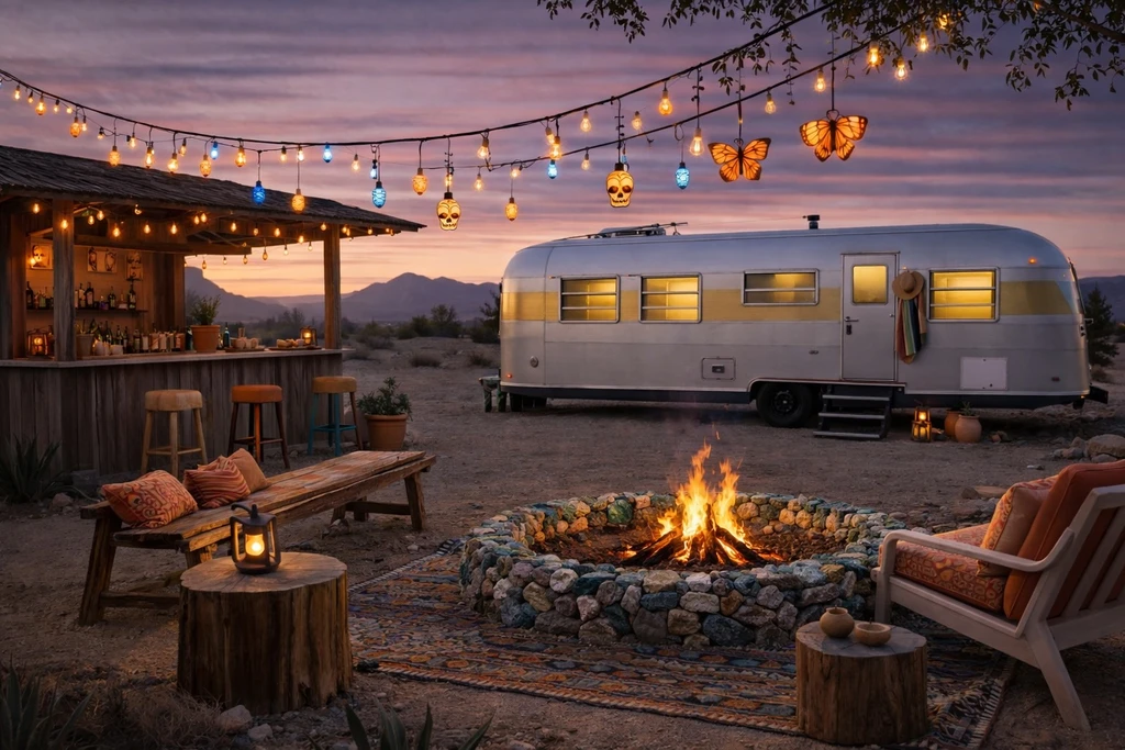 RuthVille artwork showing the Dead Man’s Party trailer beside a tiki bar and string lights.