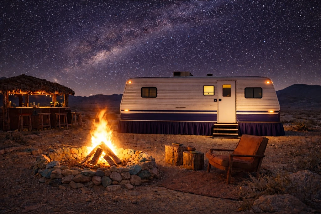 RuthVille artwork showing the Rocket Box trailer beneath a starry desert sky.