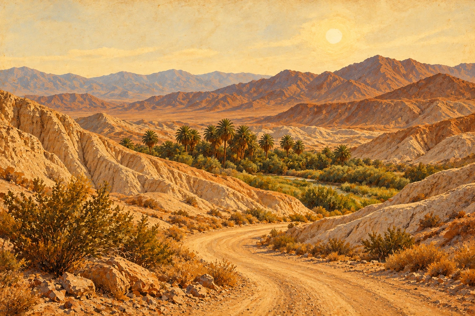 Western illustration inspired by Tecopa: date palms and creek vegetation nestled among warm desert badlands.