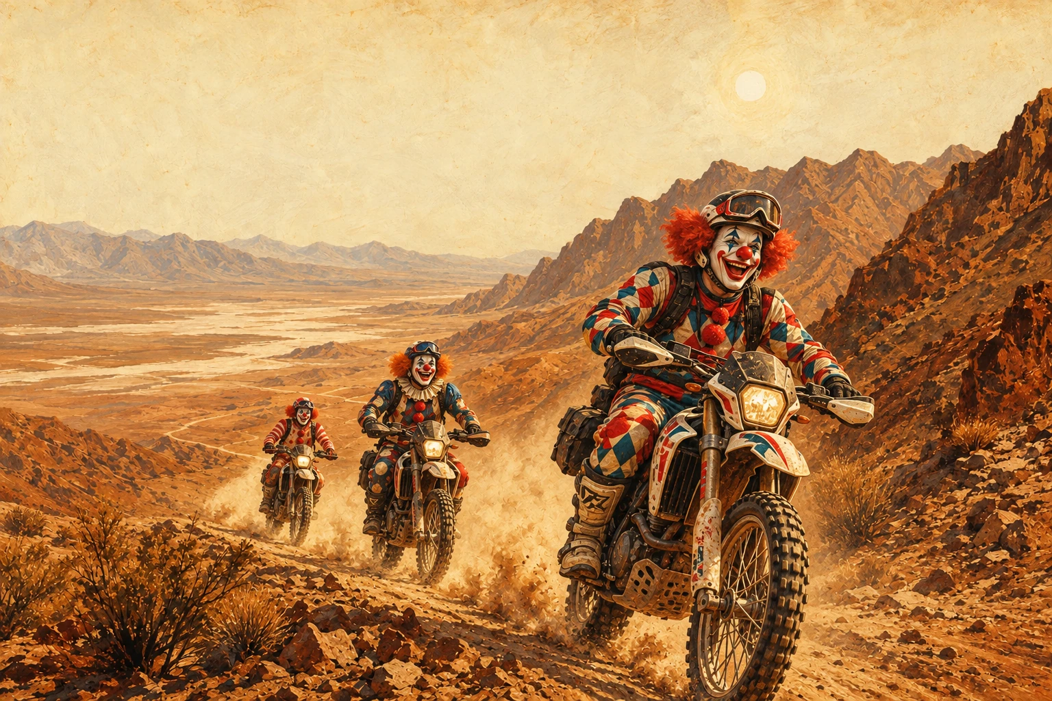 Playful western illustration of three clown riders on dual sport motorcycles in the golden Nevada desert.