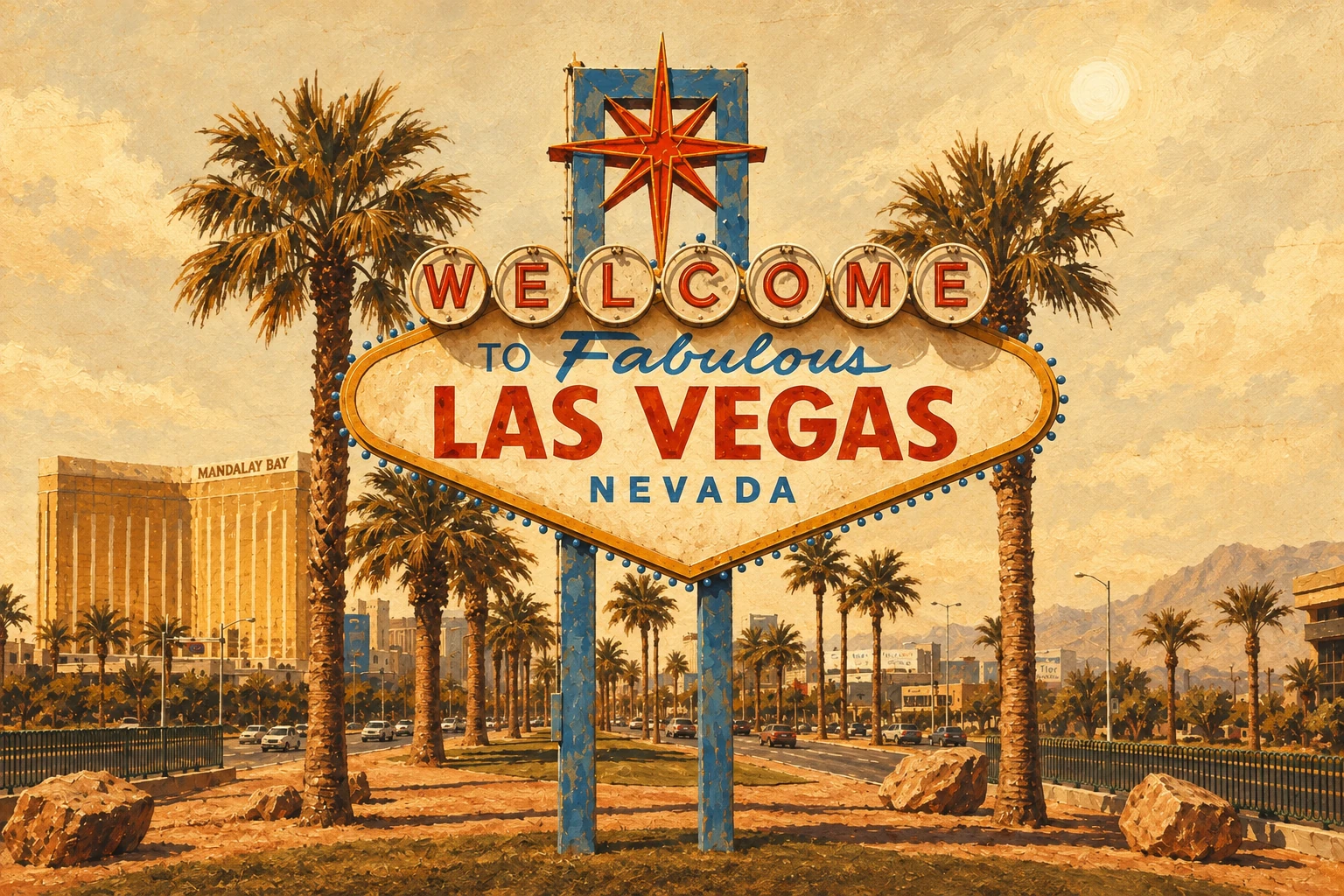 The Welcome to Fabulous Las Vegas sign, upright and centered on the Strip, illustrated in warm western colors with palm trees and casino hotels behind it.