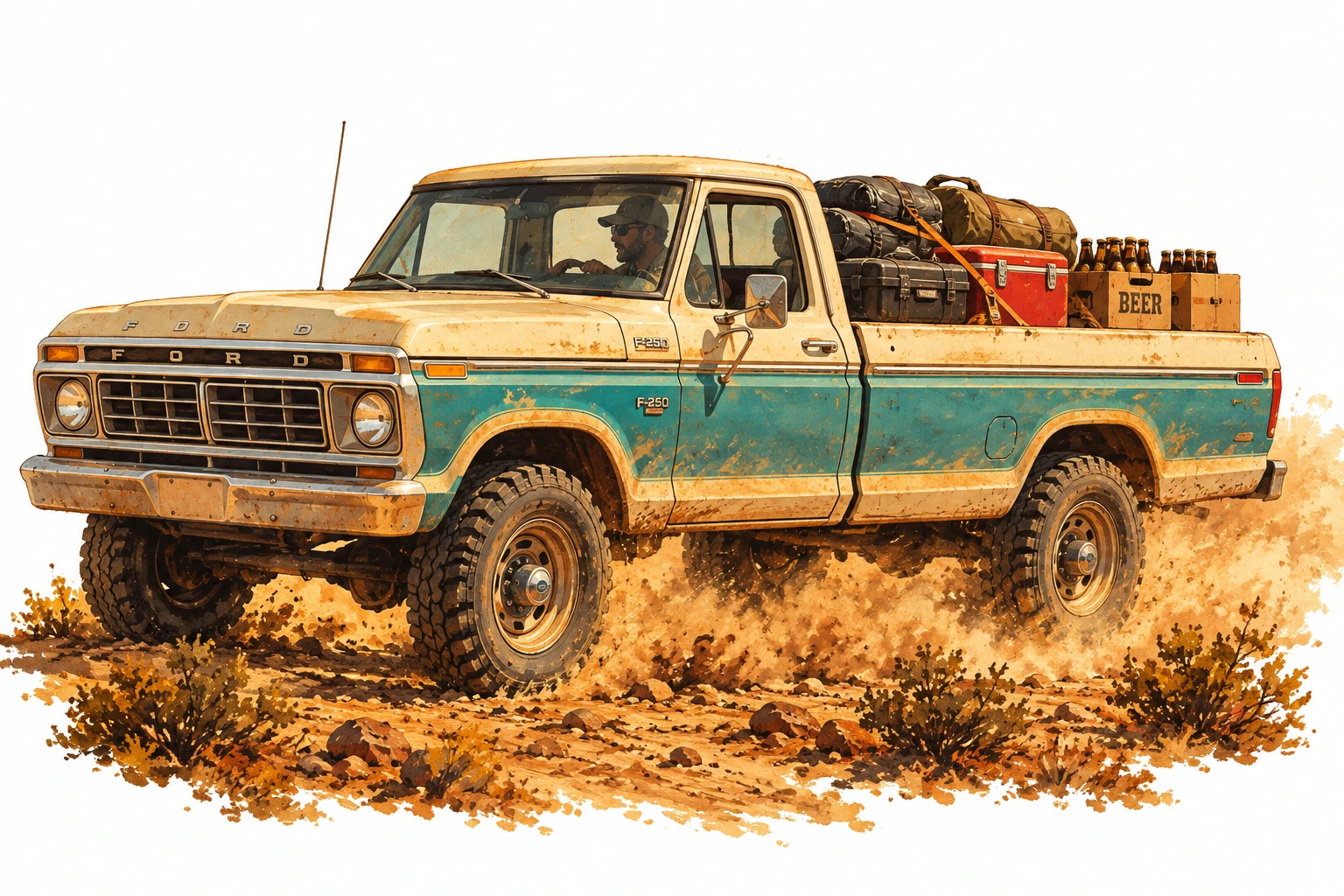 Western illustration of a vintage Ford pickup crossing the desert with secured duffel bags, riding gear, a cooler and beer cases in its bed.